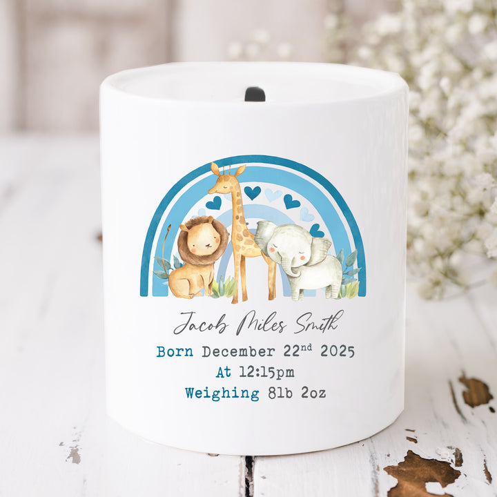 Personalised Blue Rainbow Safari Ceramic Money Box