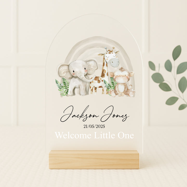 Personalised Beige Jungle Rainbow Birth Stats Plaque