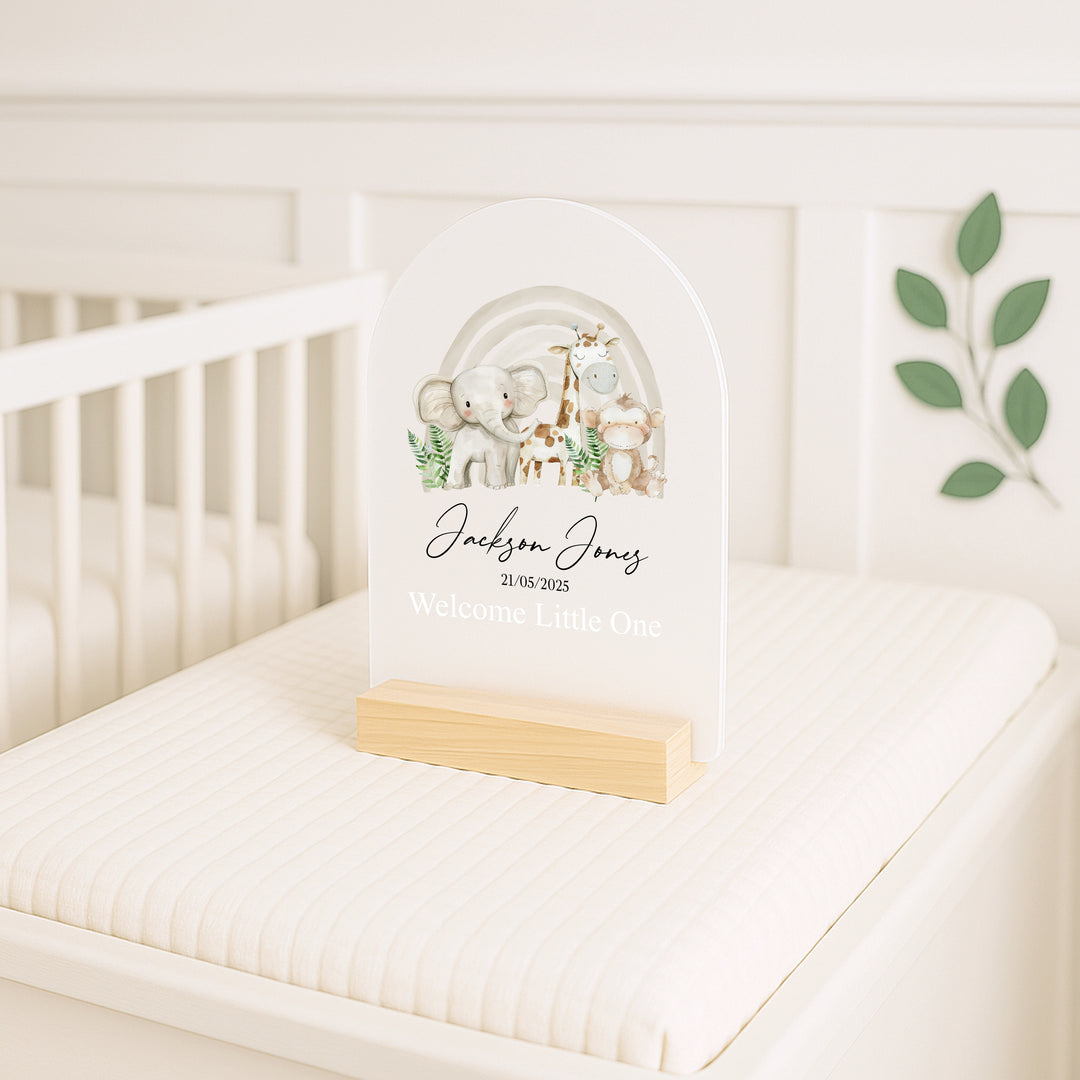 Personalised Beige Jungle Rainbow Birth Stats Plaque