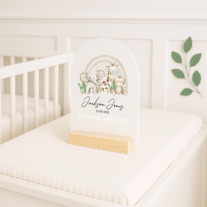 Personalised Beige Jungle Rainbow Birth Stats Plaque