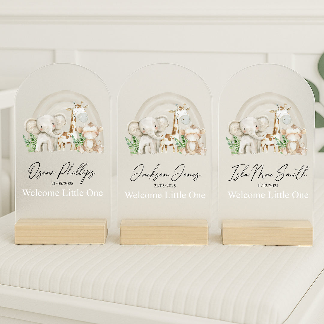 Personalised Beige Jungle Rainbow Birth Stats Plaque