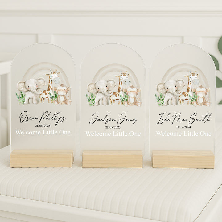 Personalised Beige Jungle Rainbow Birth Stats Plaque