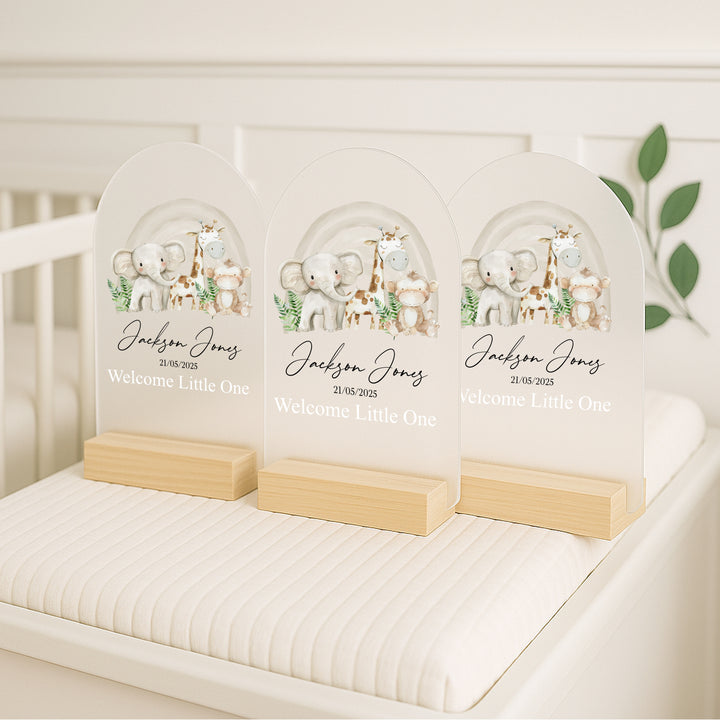 Personalised Beige Jungle Rainbow Birth Stats Plaque