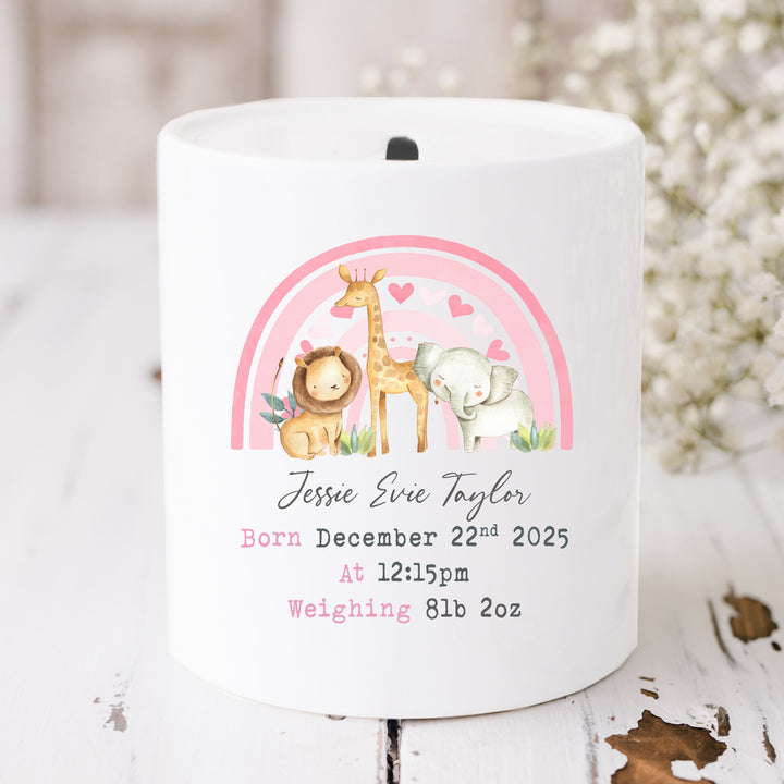 Personalised Pink Rainbow Safari Ceramic Money Box