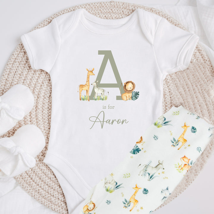 Personalised Green Jungle Initial Baby Vest