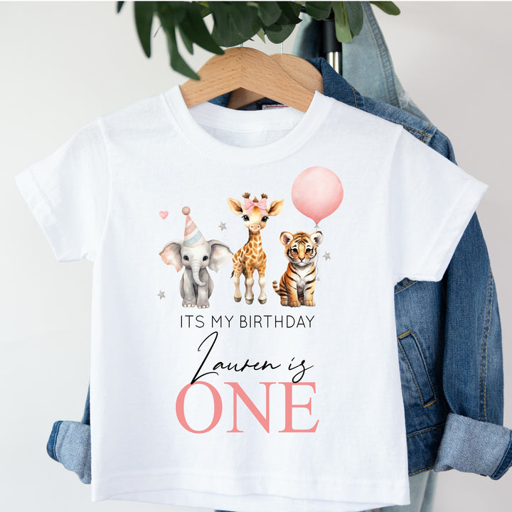 Personalised Birthday Girls Pink Jungle T-shirt