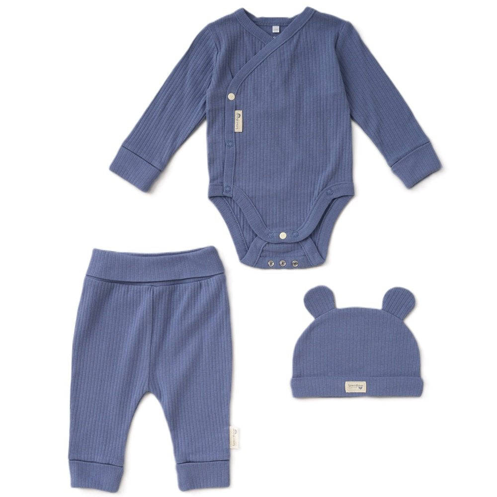 Baby Dusky Blue Organic 3 Piece Ribbed Outfit
