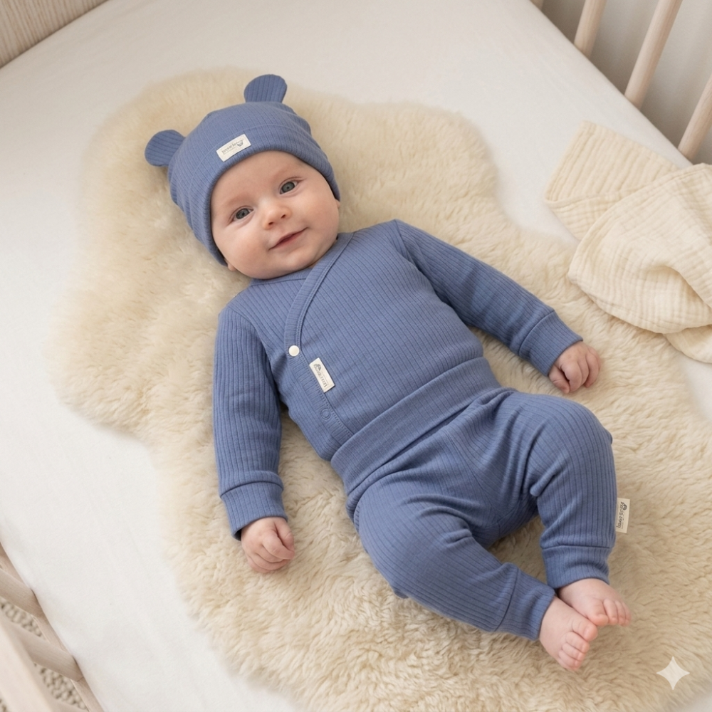 Baby Dusky Blue Organic 3 Piece Ribbed Outfit