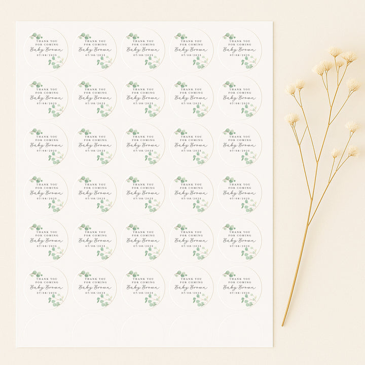 Personalised Green Leafs Baby Shower Stickers