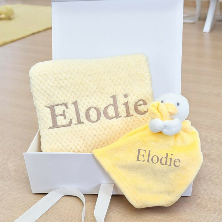 Unisex Yellow Blanket and Duck Comforter Personalised Gift Hamper Set