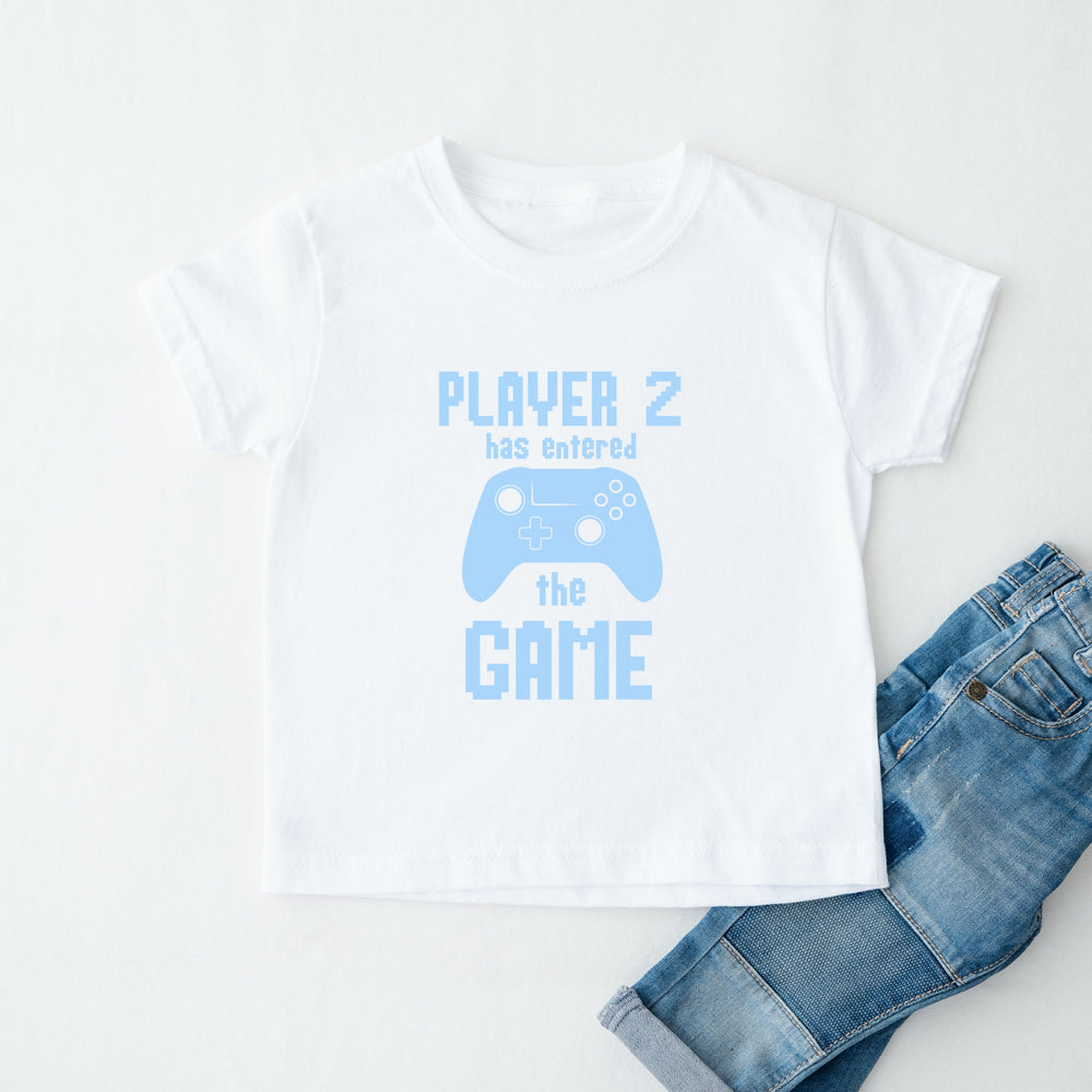 White t-shirt with blue text and graphics on a white background