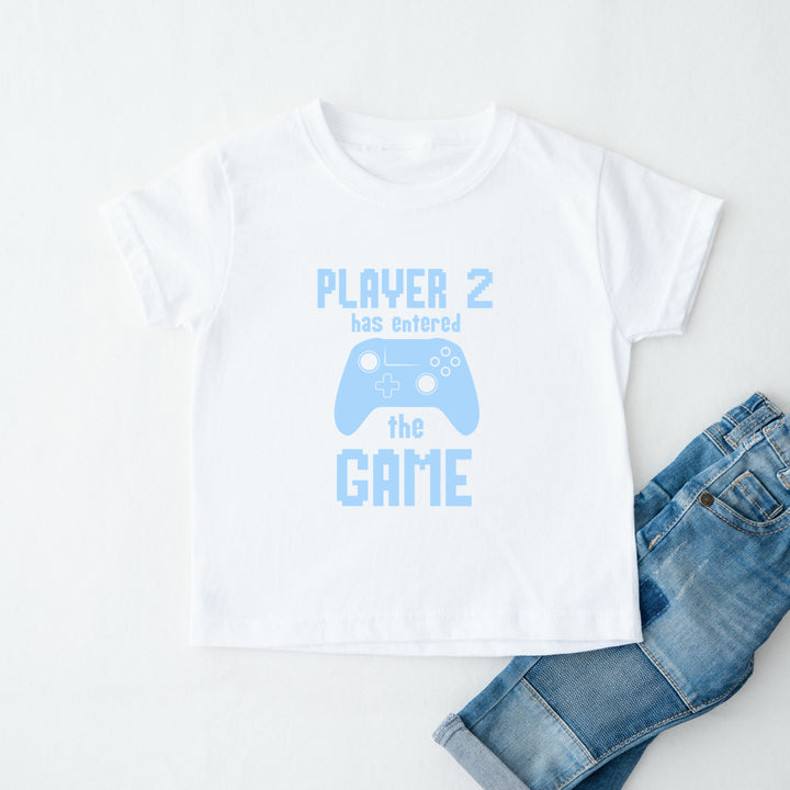 White t-shirt with blue text and graphics on a white background
