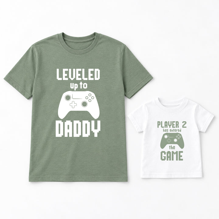 Leveled up to Daddy Gaming Green Dad &amp; Baby Matching Outfits