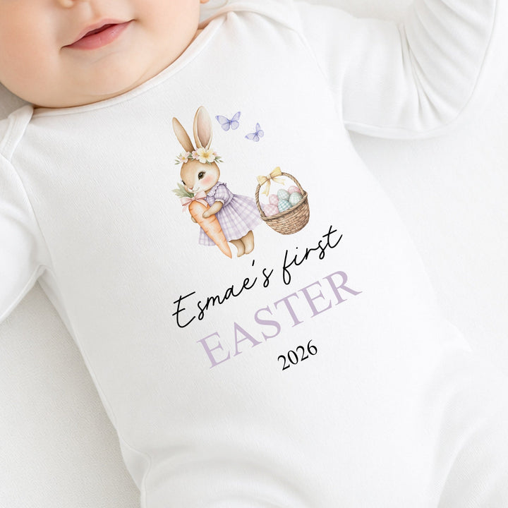 Personalised Purple Bunny Easter Baby Grow, Vest or Bib
