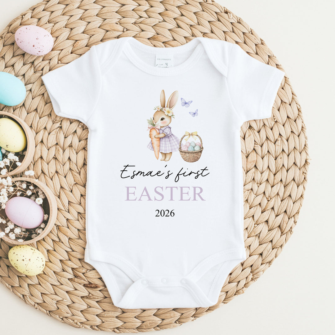 Personalised Purple Bunny Easter Baby Grow, Vest or Bib