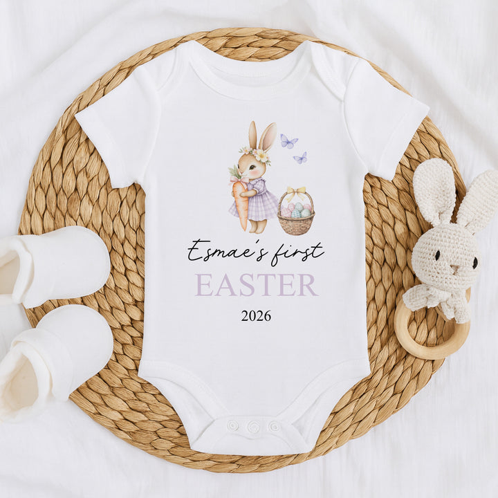 Personalised Purple Bunny Easter Baby Grow, Vest or Bib