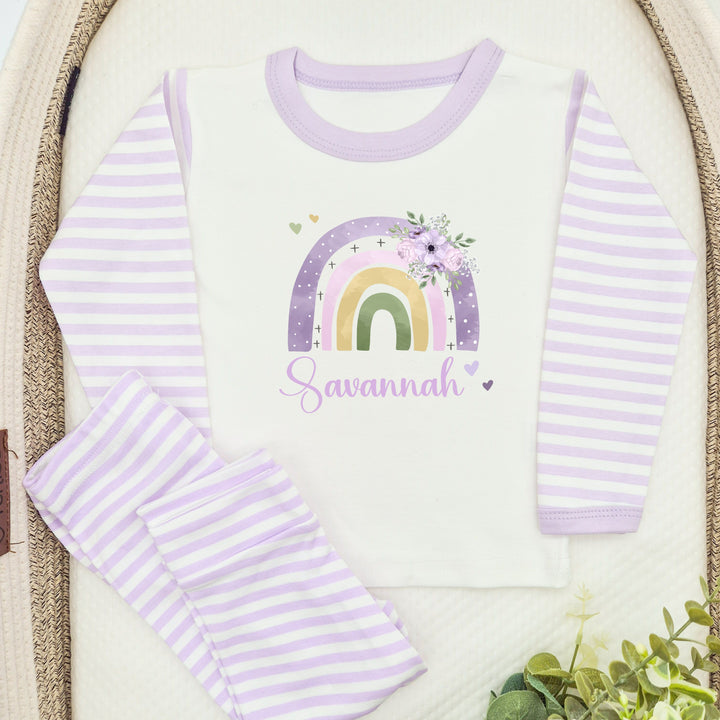 Personalised Floral Rainbow Girls Lilac Pyjamas