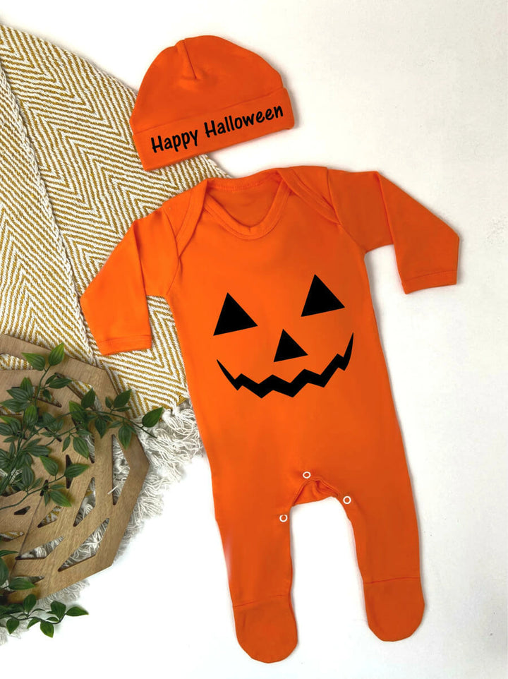 Pumpkin Smile Halloween Orange Babygrow, Hat or Vest