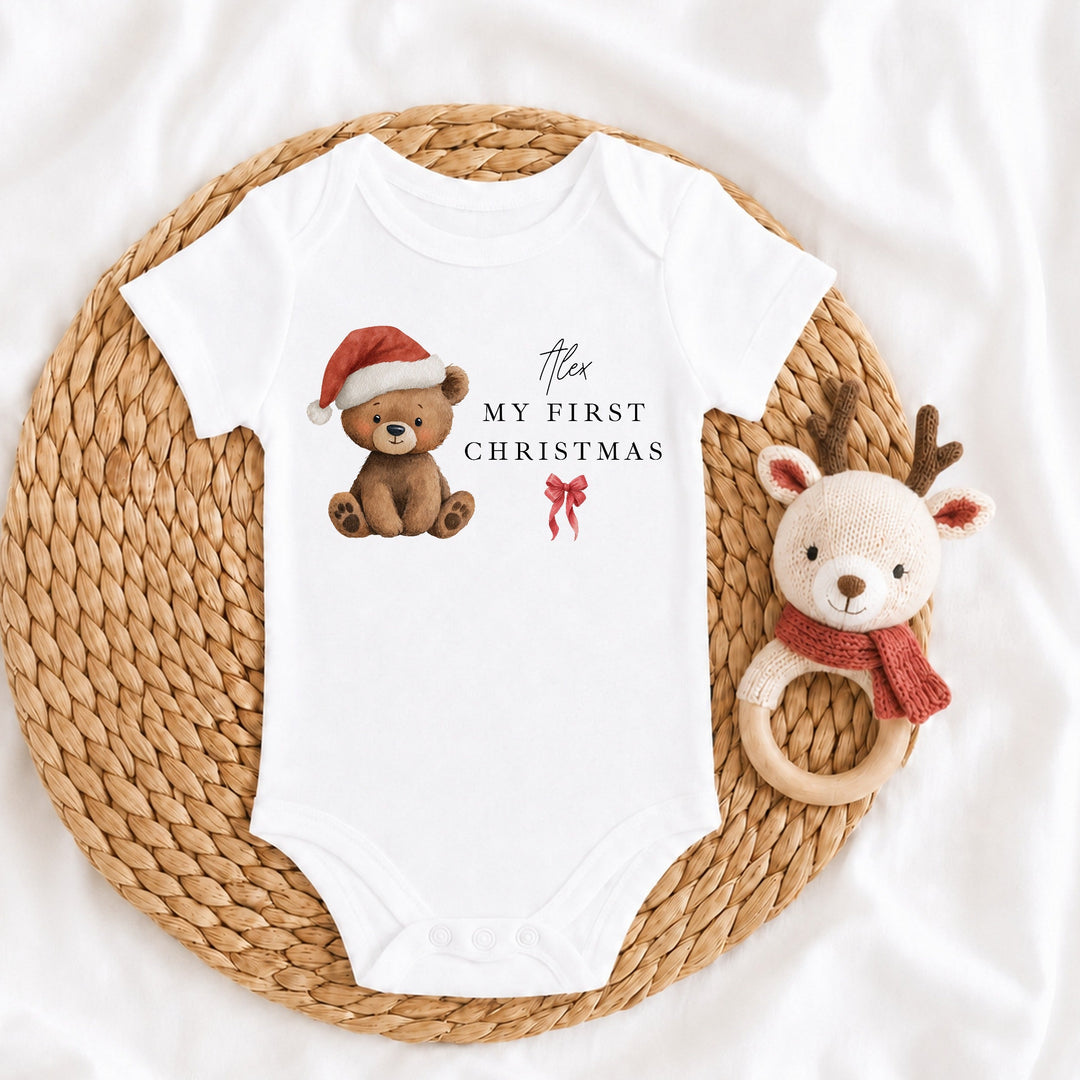 Personalised Bear Santa Hat My First Christmas Baby Grow Or Vest