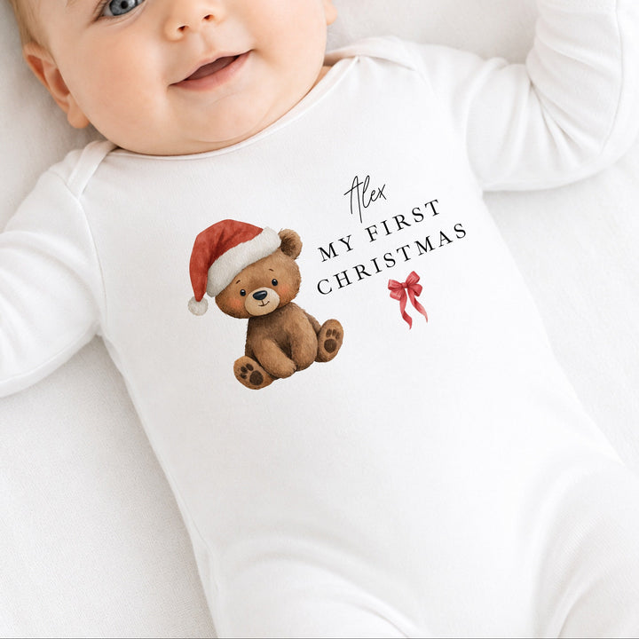 Personalised Bear Santa Hat My First Christmas Baby Grow Or Vest