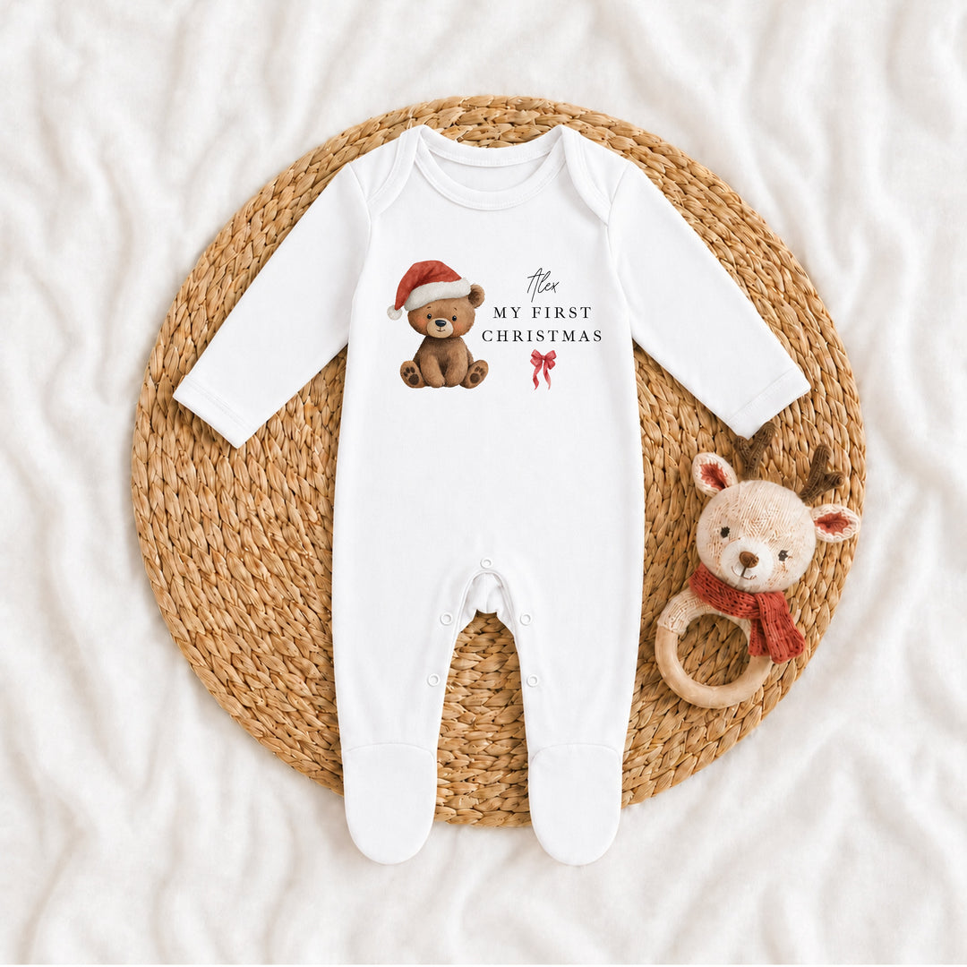 Personalised Bear Santa Hat My First Christmas Baby Grow Or Vest