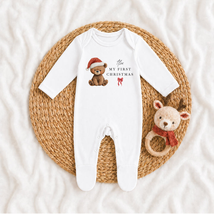 Personalised Bear Santa Hat My First Christmas Baby Grow Or Vest