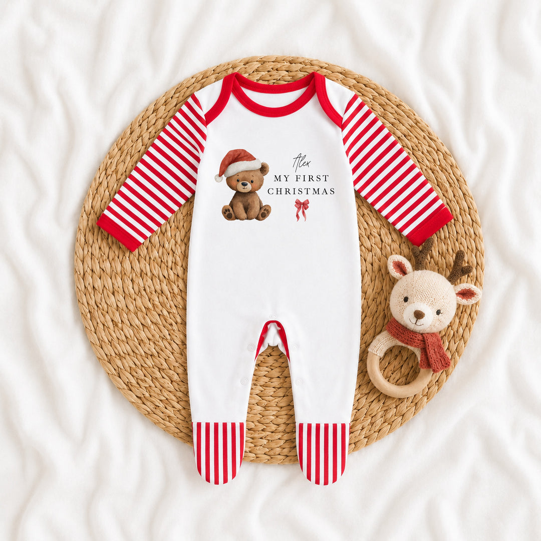 Personalised Bear Santa Hat My First Christmas Baby Grow Or Vest
