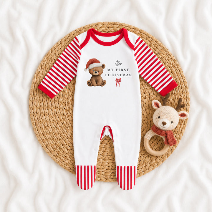 Personalised Bear Santa Hat My First Christmas Baby Grow Or Vest