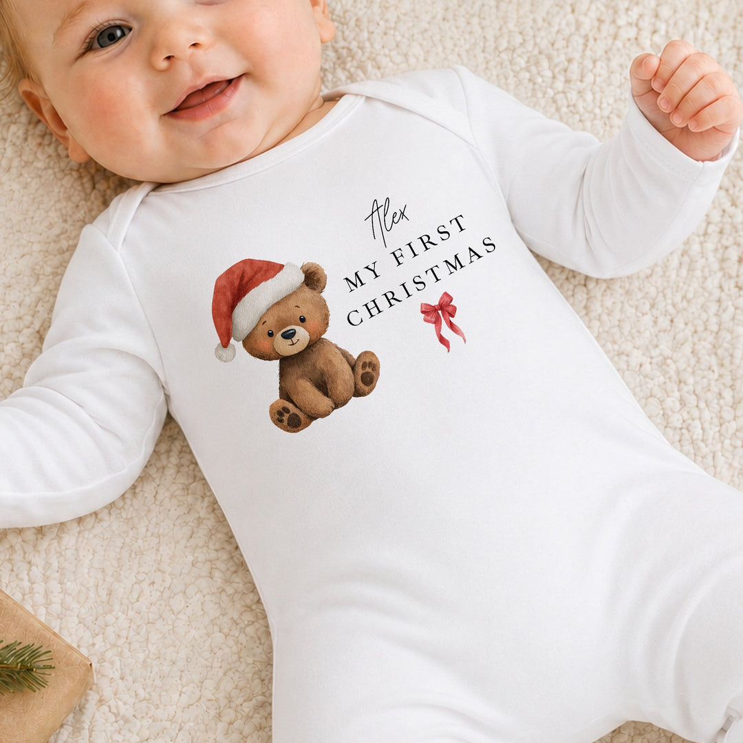 Personalised Bear Santa Hat My First Christmas Baby Grow Or Vest