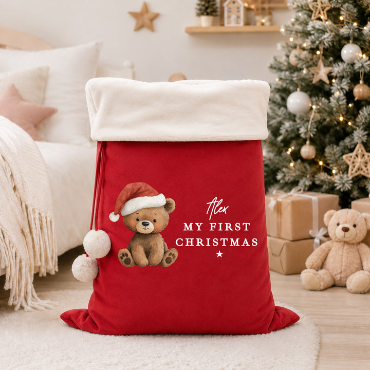 Personalised Bear Santa Hat My First Christmas Stocking or Santa Sack