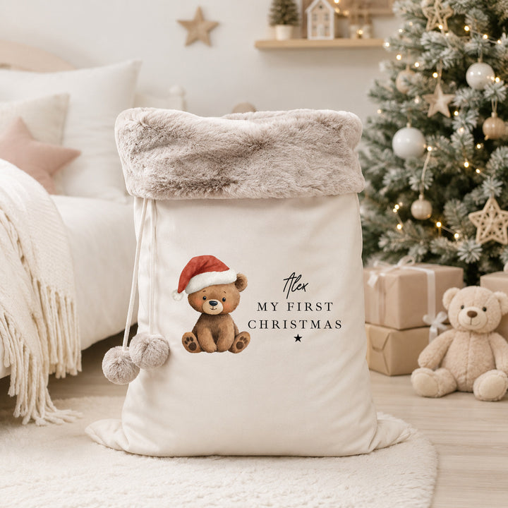 Personalised Bear Santa Hat My First Christmas Stocking or Santa Sack
