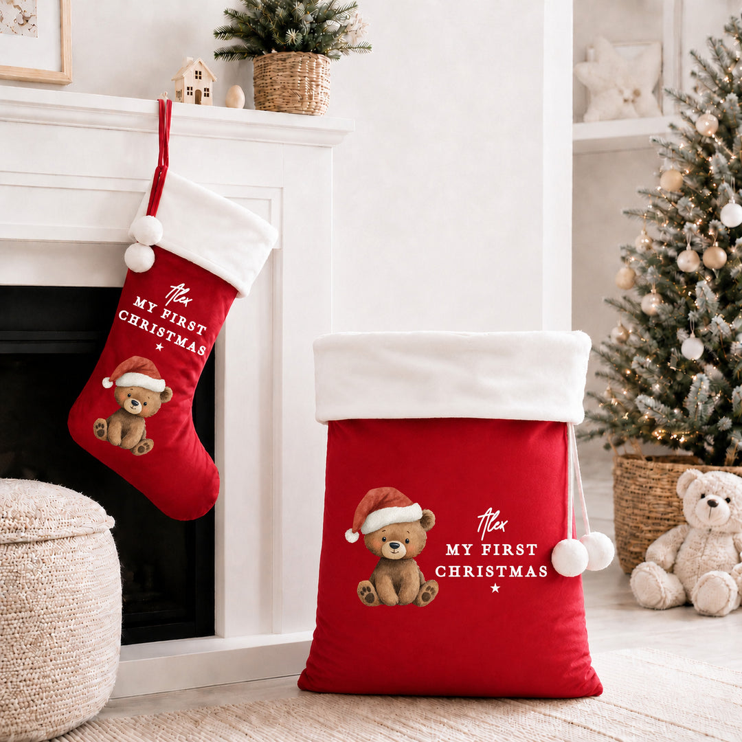 Personalised Bear Santa Hat My First Christmas Stocking or Santa Sack