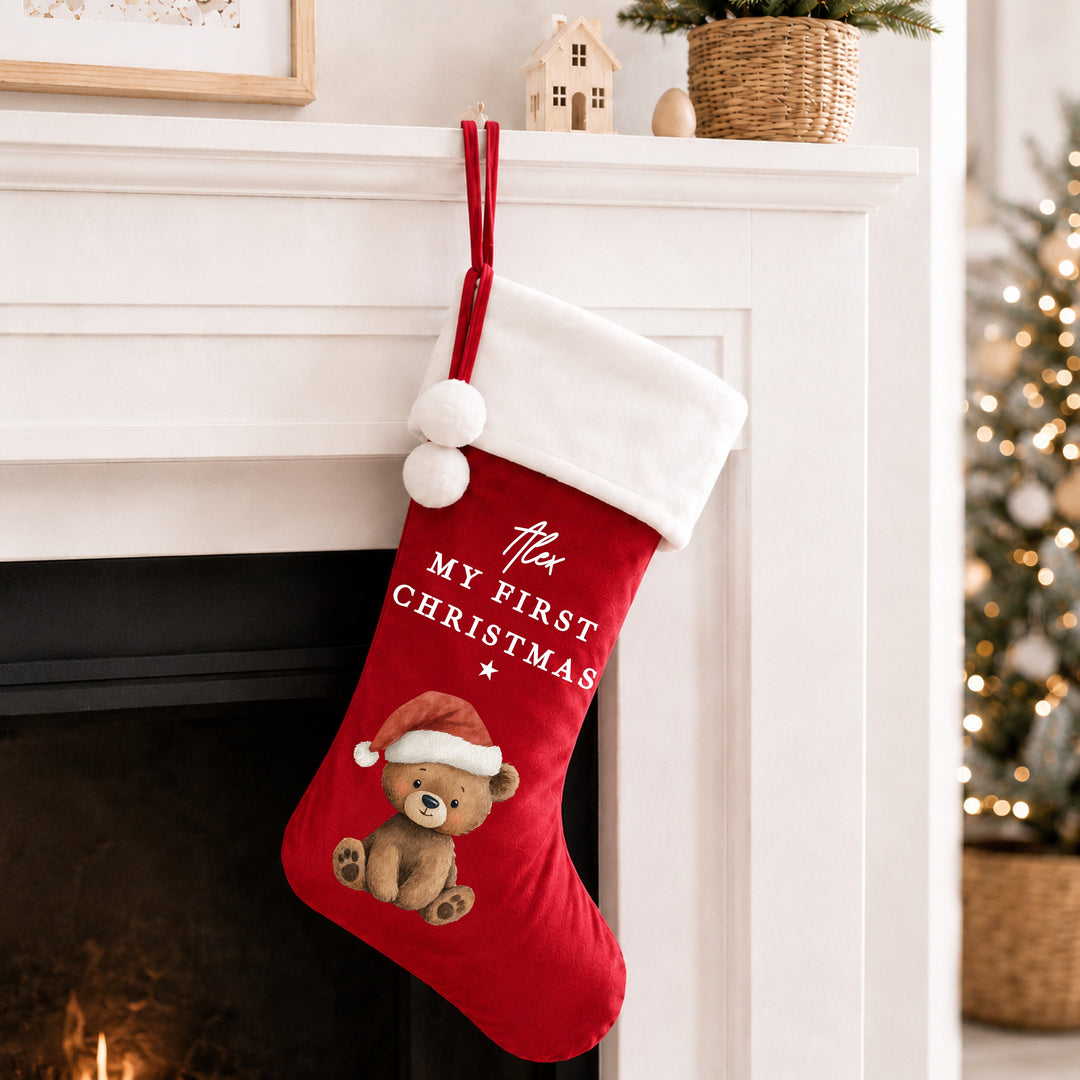 Personalised Bear Santa Hat My First Christmas Stocking or Santa Sack