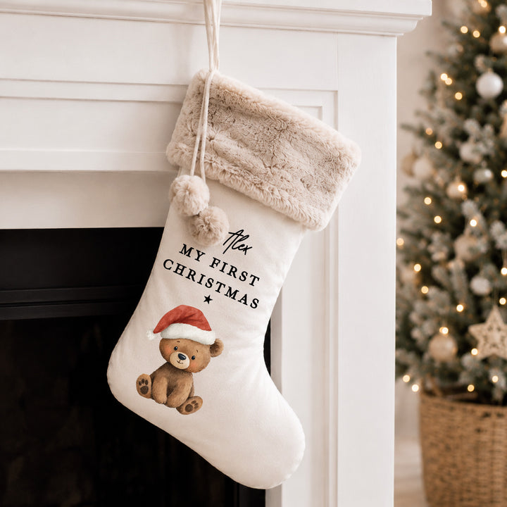 Personalised Bear Santa Hat My First Christmas Stocking or Santa Sack