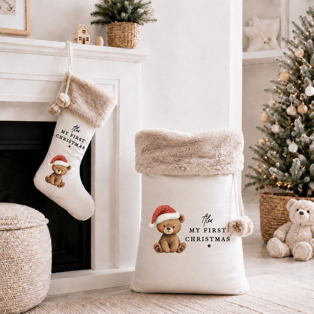 Personalised Bear Santa Hat My First Christmas Stocking or Santa Sack