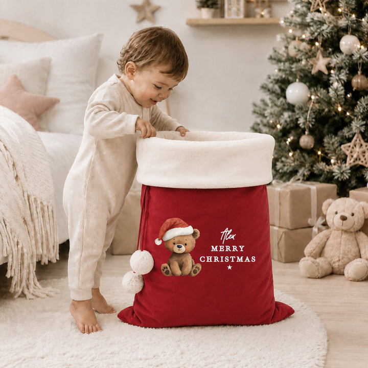 Personalised Bear Santa Hat My First Christmas Stocking or Santa Sack