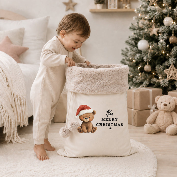 Personalised Bear Santa Hat My First Christmas Stocking or Santa Sack