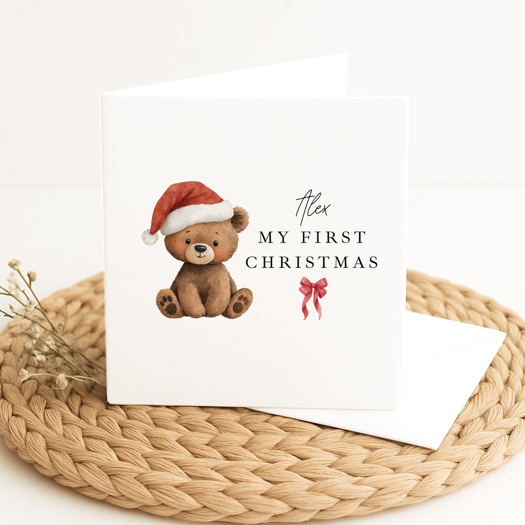 Personalised Bear Santa Hat My First Christmas Card