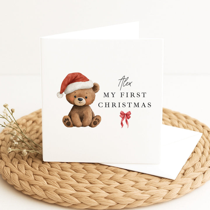 Personalised Bear Santa Hat My First Christmas Card