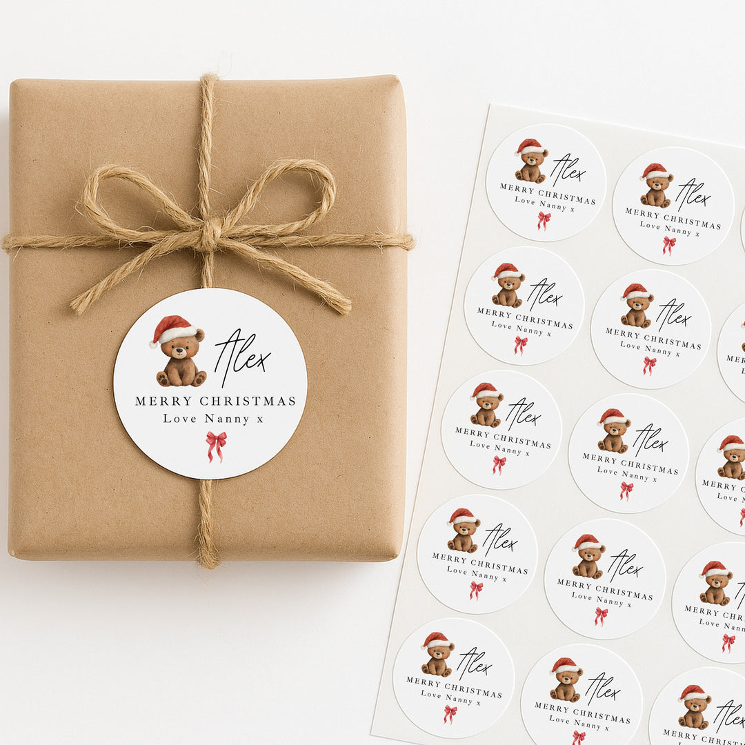 Personalised Santa Teddy Merry Christmas Stickers