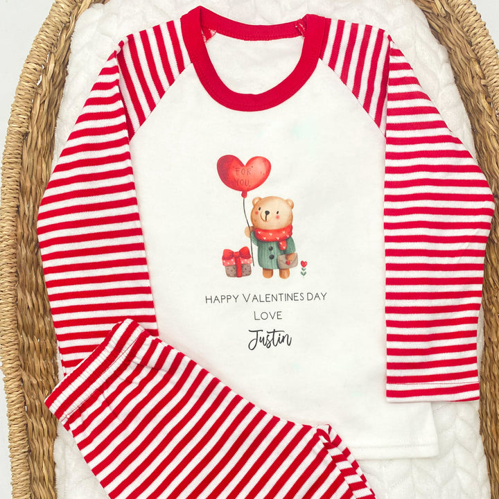Personalised Valentines Little Bear Red Striped Pyjamas