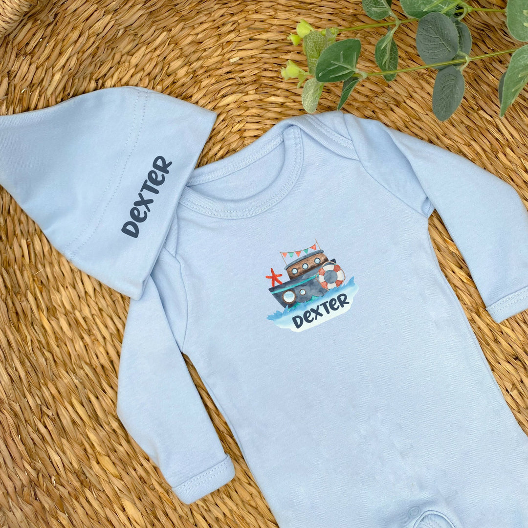 Personalised Little Boat Blue Babygrow and optional Hat