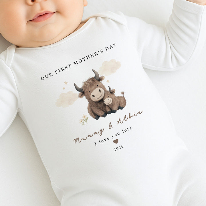 Personalised Little Cow My First Mother's Day Baby Grow, Vest or Bib