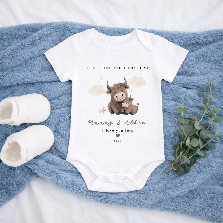 Personalised Little Cow My First Mother's Day Baby Grow, Vest or Bib