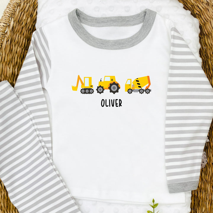 Personalised Digger Grey Stripe Pyjamas