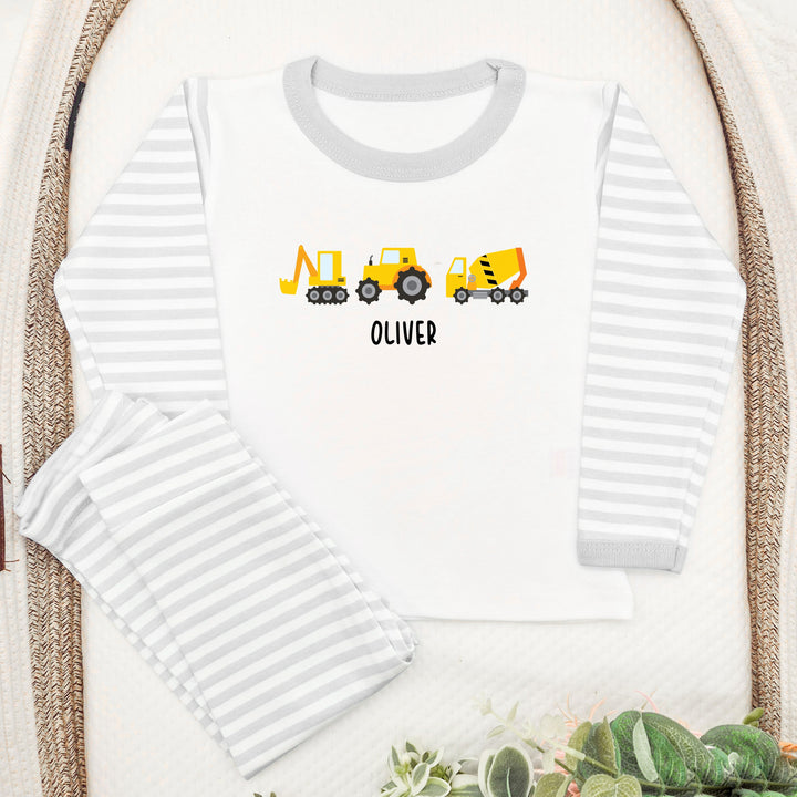 Personalised Digger Grey Stripe Pyjamas