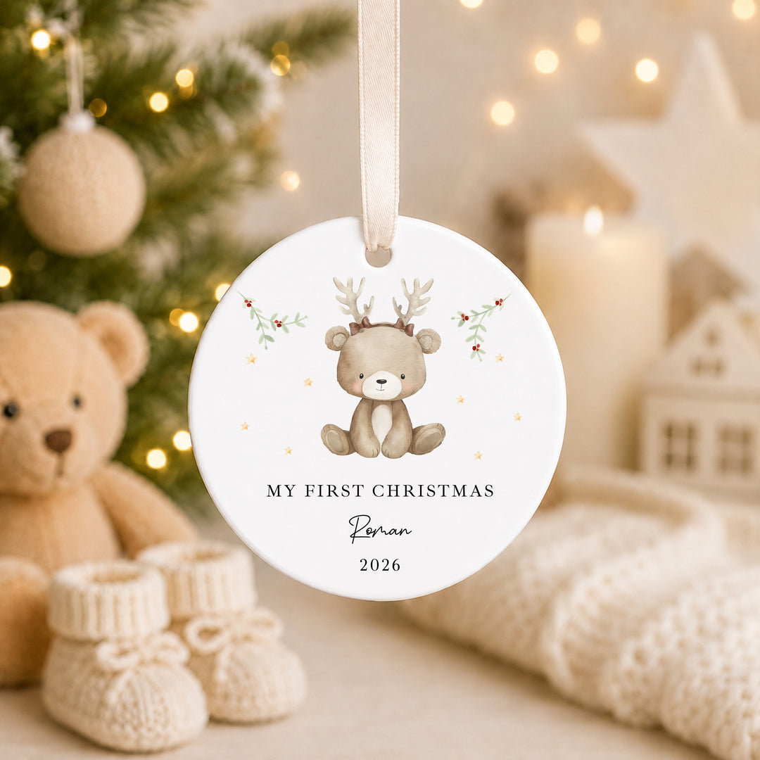 Personalised Bear Reindeer My First Christmas Ceramic Bauble