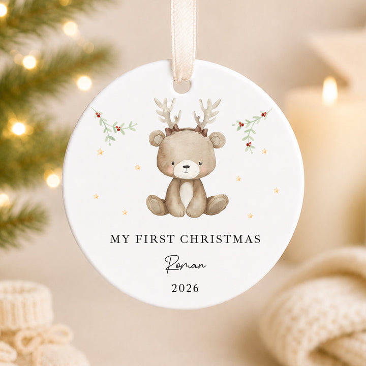 Personalised Bear Reindeer My First Christmas Ceramic Bauble