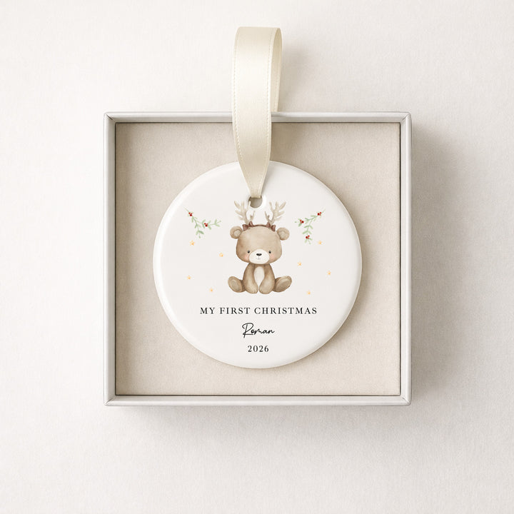 Personalised Bear Reindeer My First Christmas Ceramic Bauble