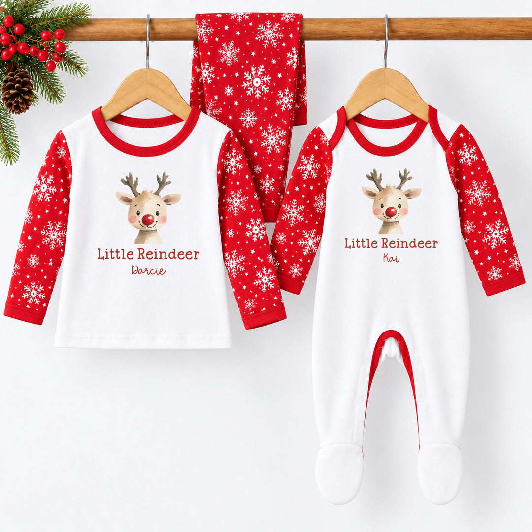 Personalised Little Reindeer Snowflake Sibling Matching Pyjamas or Baby Grow